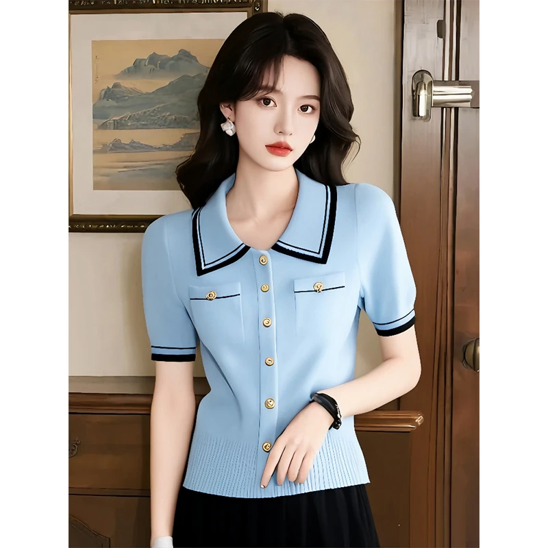 2025夏季法式小上衣设计感小众独特超好看时尚蓝色polo领短袖t恤