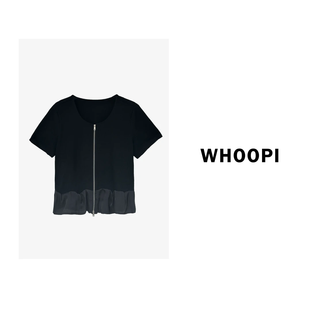 【Whoopi】【黑于涩谷】静奢拉链设计拼接花边下摆短袖上衣