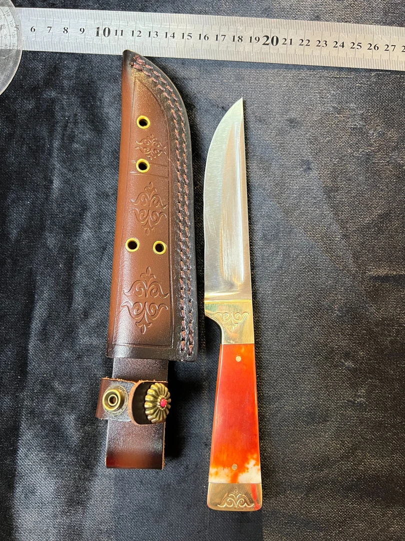 木垒手工驼古直柄刀头层牛皮刀鞘（未开刃，非管制刀具）