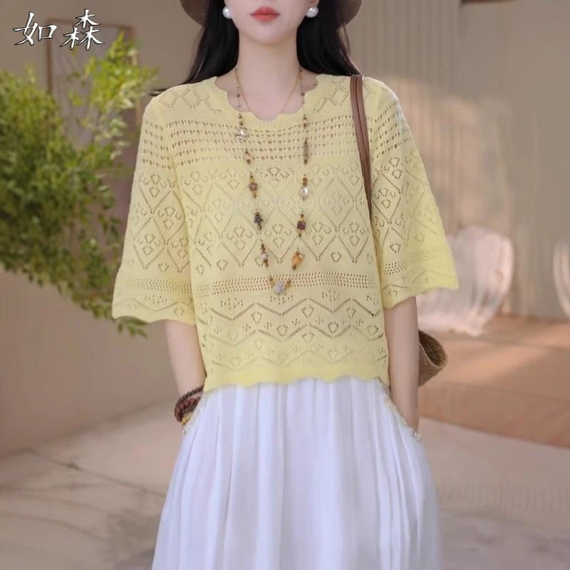 2025夏季新款女士黄色镂空圆领短袖针织衫胖mm超好看温柔减龄上衣