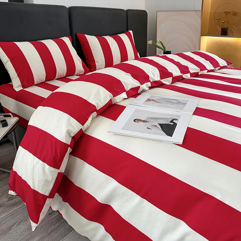 206新款全棉纯棉四件套床上用品条纹红色简约被套床单床笠三件套
