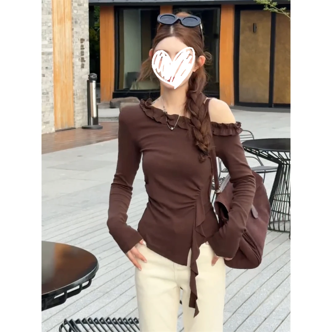美式辣妹风木耳边斜肩长袖T恤女早秋新款修身显瘦设计感小众上衣