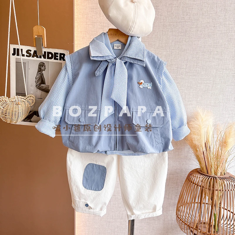 啵小爸【蓝海精灵】2025秋季新款男童韩版休闲假两件格纹马甲