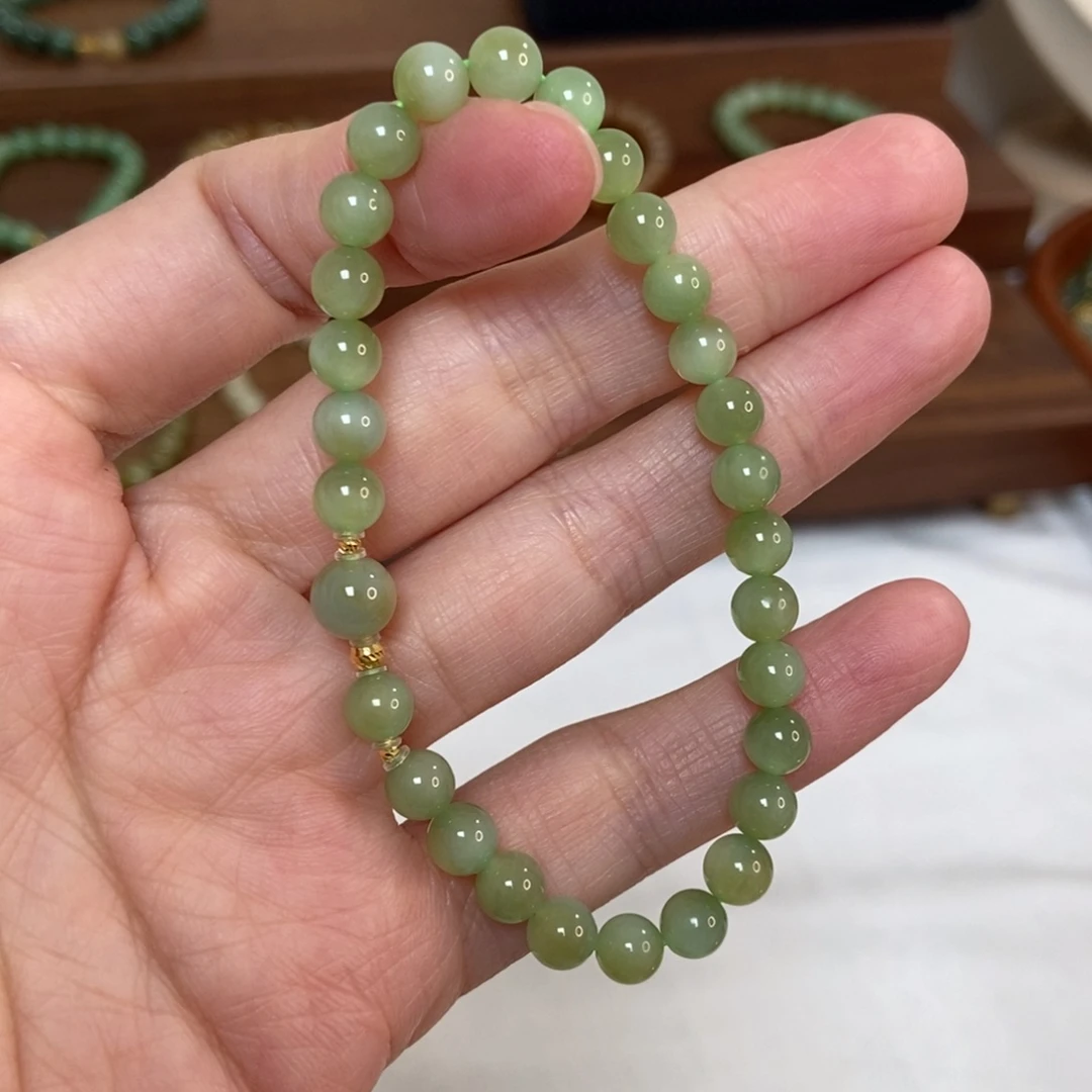 和田玉18K金镶嵌手链6mm黑阳洞碧玉微猫