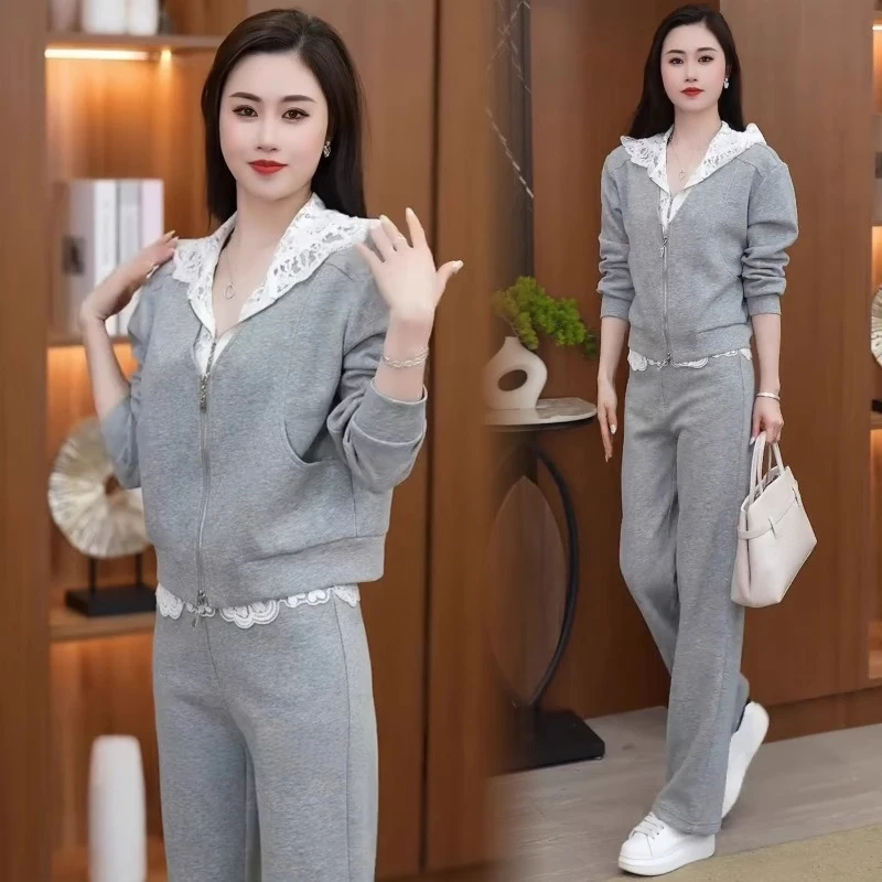 慵懒风时尚运动套装女士春秋新款蕾丝拼接连帽卫衣休闲长裤两件套