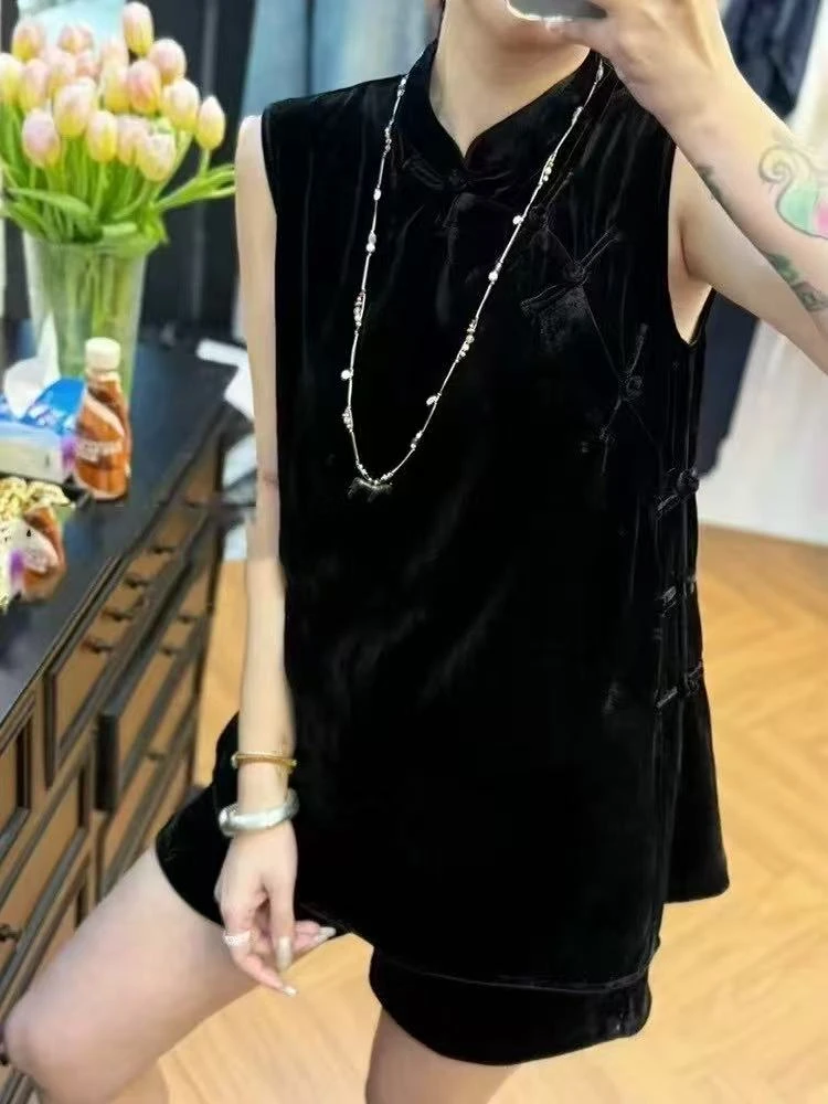 （小娜家）国风新中式显瘦旗袍立领纯色高级感减龄马甲+短裤套装女