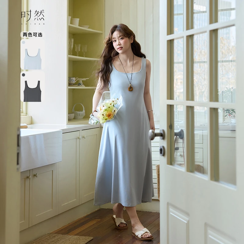 时然大码女装舒适背心连衣裙春夏百搭收腰遮肉长裙春游出行衣服