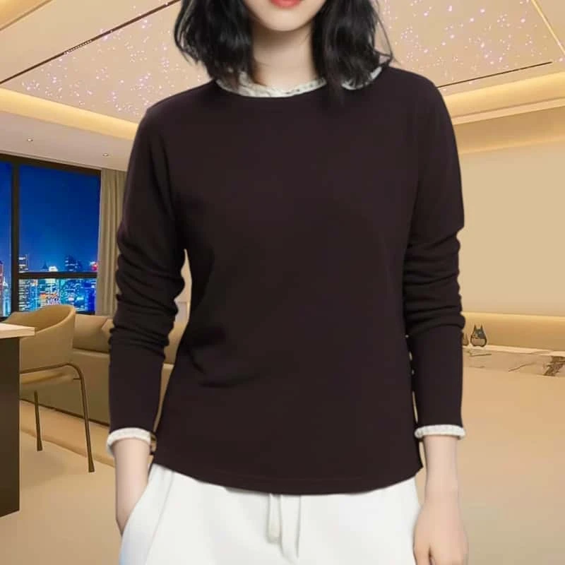 春季时尚拼接蕾丝打底衫女2025新款休闲百搭保暖双面绒长袖T恤