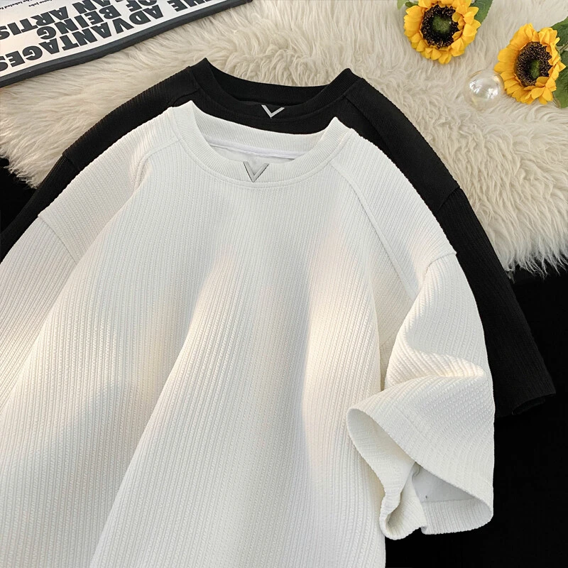 肌理感冰丝T恤男短袖夏季潮牌高级感v领透气五分袖凉感休闲半截袖