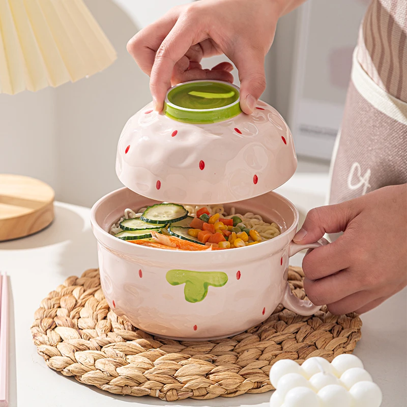 【草莓泡面碗4件套】7英寸草莓泡面碗实用学生宿舍大容量陶瓷釉下彩