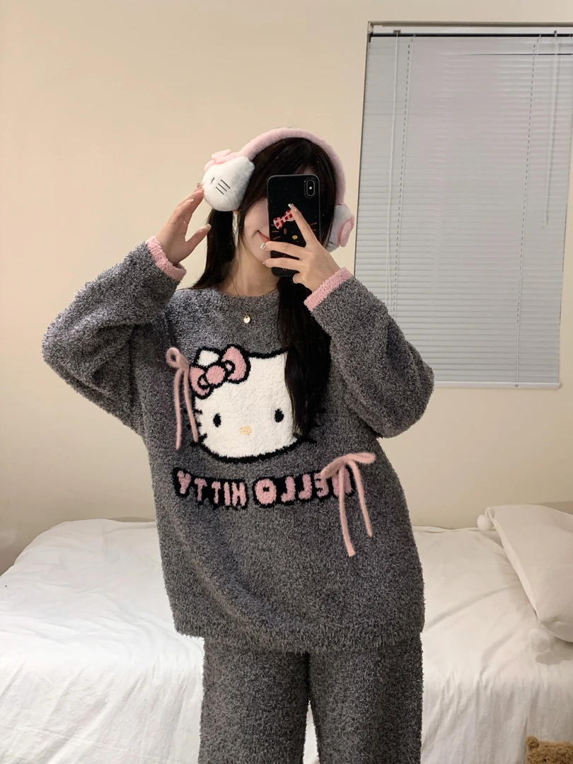 可爱kitty卡通半边绒睡衣女冬加厚舒适保暖可外穿宽松家居服套装