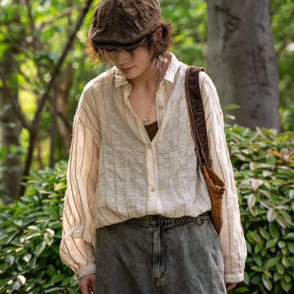 疯子张原创设计柞蚕丝麻棉提花竖条纹衬衣08448