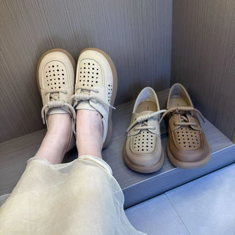 厚底女鞋休闲镂空圆头系带软底小皮鞋2025新款轻便百搭防滑洞洞鞋