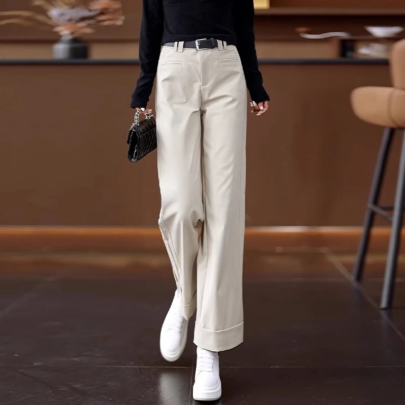 卷边窄版西装阔腿裤女2025新款春秋女裤时尚垂感休闲小个子直筒裤