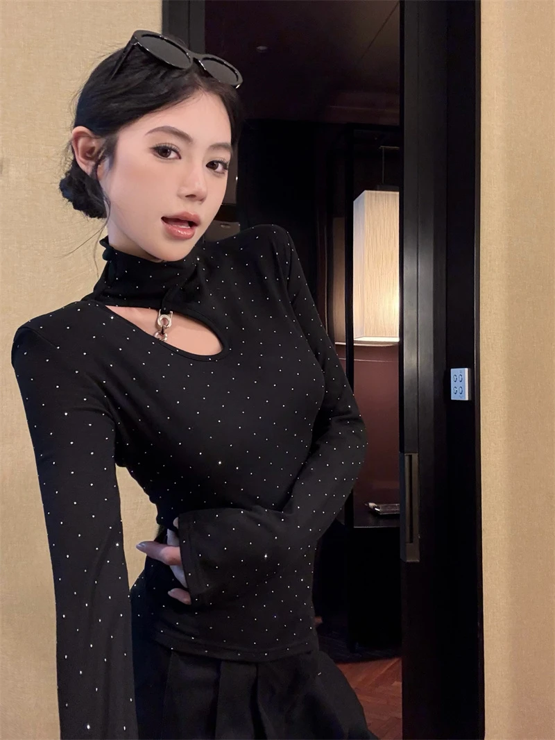 2025纯欲镂空挂脖上衣女秋冬半高领烫钻磨毛加绒打底衫内搭可外穿