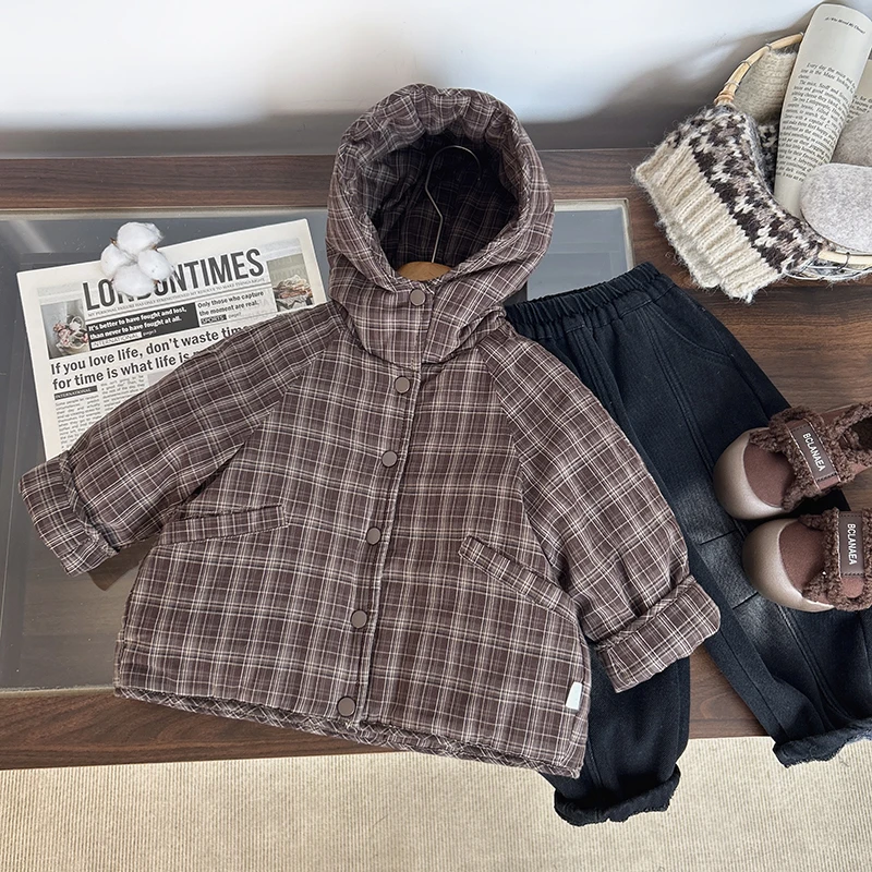 【斑马】儿童棉服2024年新款男童连帽百搭格子棉衣外套BMD3572