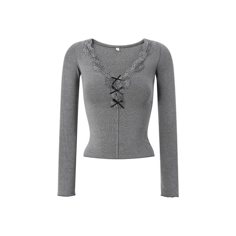 【Q】蝴蝶结蕾丝花边v领长袖t恤女纯欲辣妹别致修身打底衫上衣7895