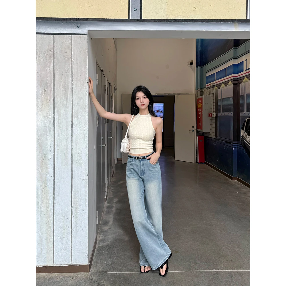 DUOXINIU/多喜牛/ZhouZhou夏季薄款复古蓝阔腿裤牛仔裤女女士休闲