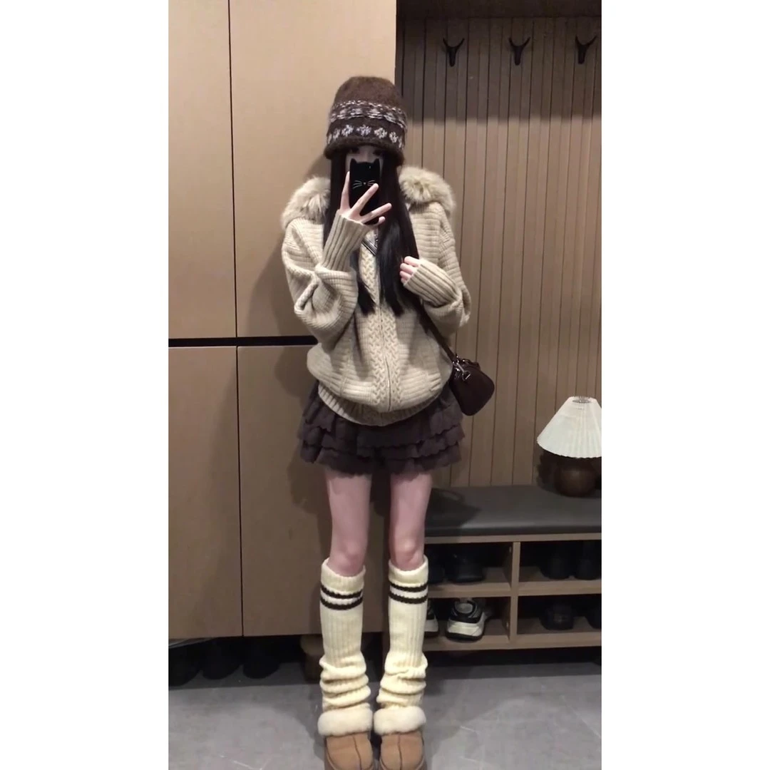 秋冬连帽毛领卫衣外套慵懒风长袖拉链开衫a字半身裙蛋糕裙两件套