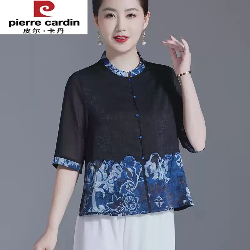 皮尔卡丹新中式妈妈夏装雪纺短袖衬衫新款中老年女洋气国风T恤上