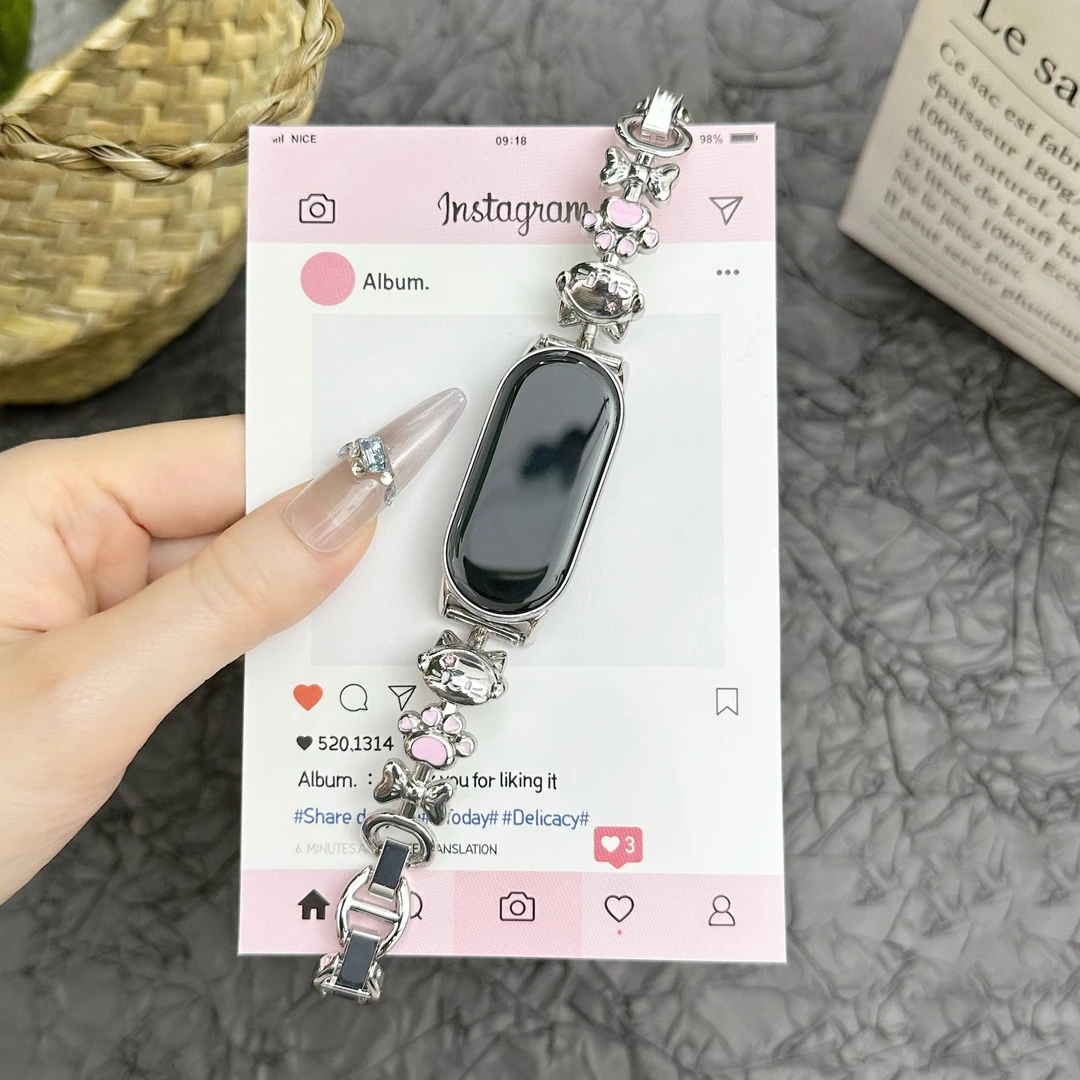 裴蔻 适用小米手环10/9表带ins可爱猫咪金属腕带女款876nfc版通用