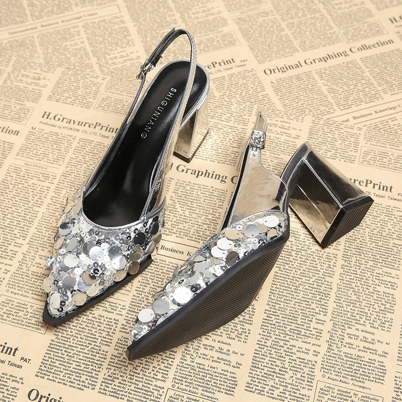 绝美时尚气质尖头银色粗跟高跟包头凉鞋女2025夏季配裙子百搭单鞋