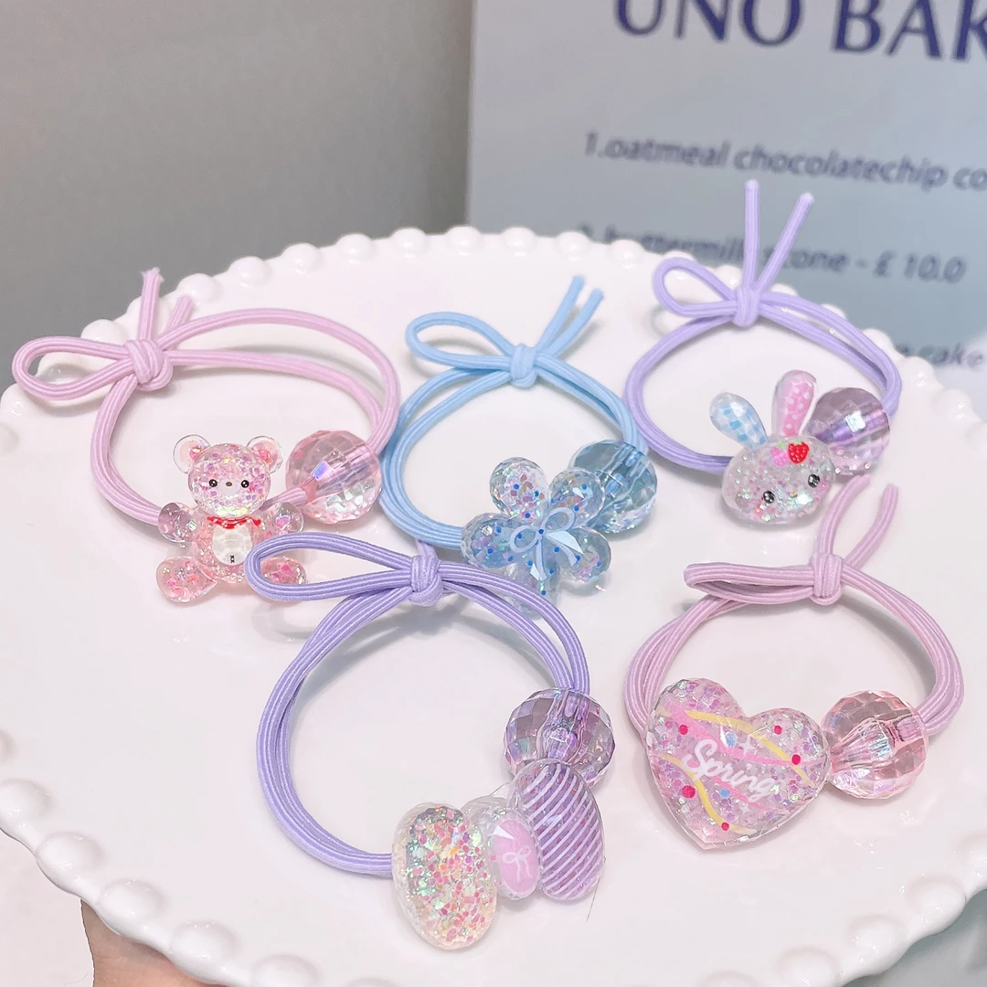A-7539 d 5个夜光切面兔子爱心打结穿绳皮筋儿童马尾发绳 发圈