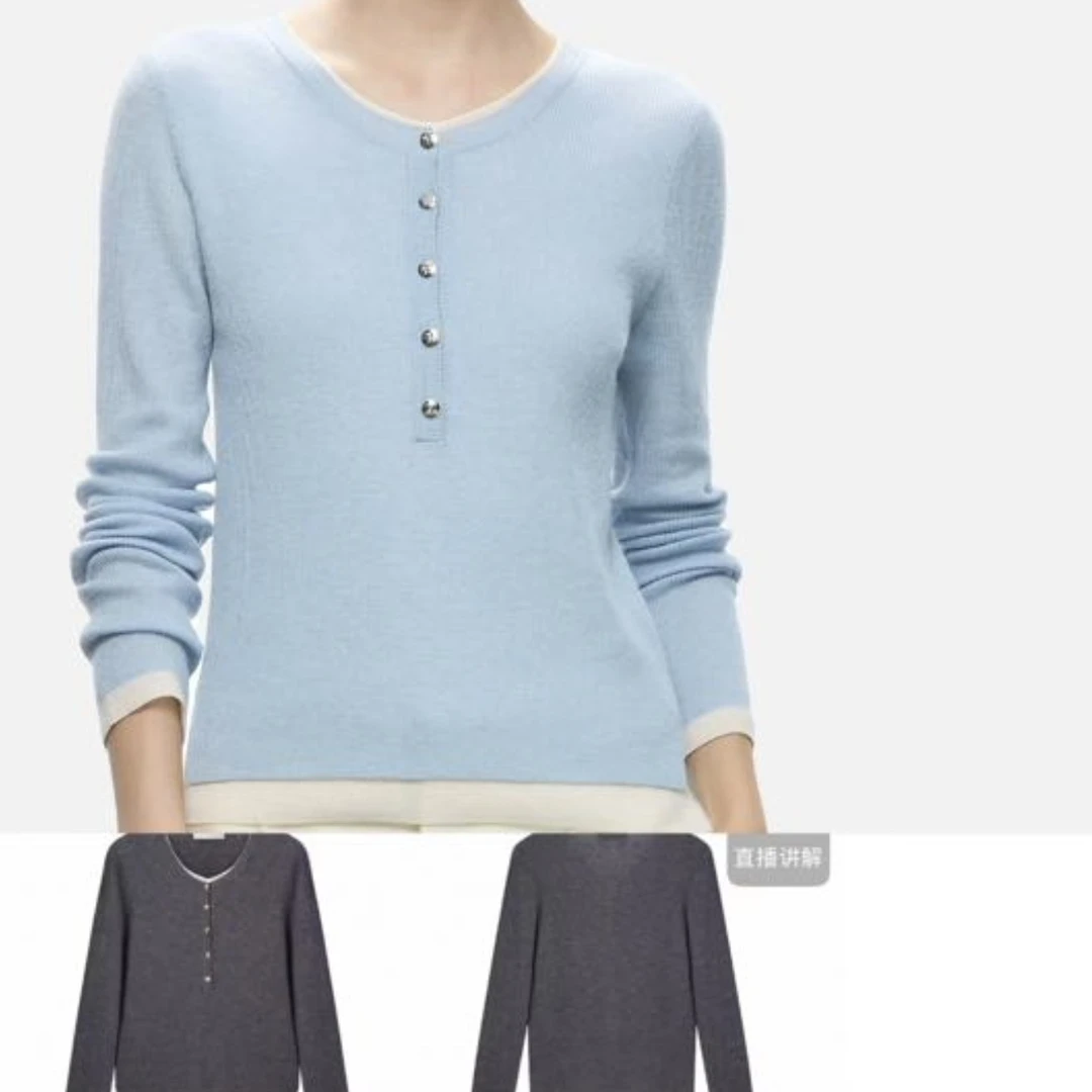 羊绒秋冬款简约精纺圆领修身抽条假两件女套衫针织衫