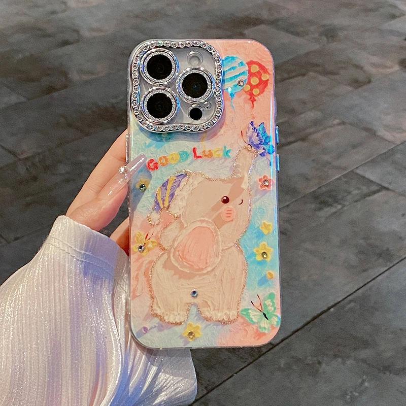 油画可爱大象镶钻镜边适用iPhone16手机壳苹果15promax简约14