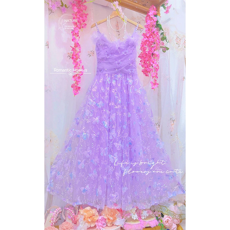 网纱重工渐变亮片立体花朵水钻蝴蝶刺绣大摆吊带裙收腰连衣裙子女