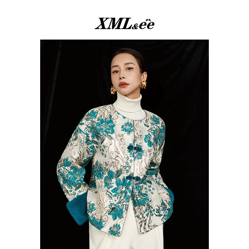 XMLee艾米尔 松石绿手工刺绣国风印花圆领毛呢外套 X445E5371