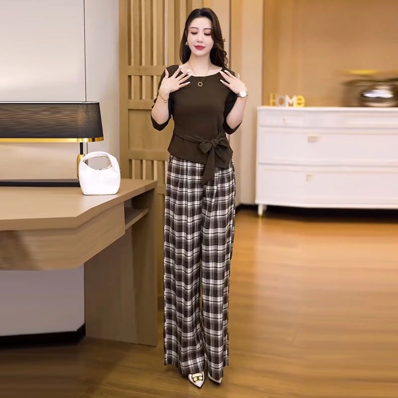 La babite时尚套装女秋季新款洋气系带长袖上衣格子阔腿裤两件套