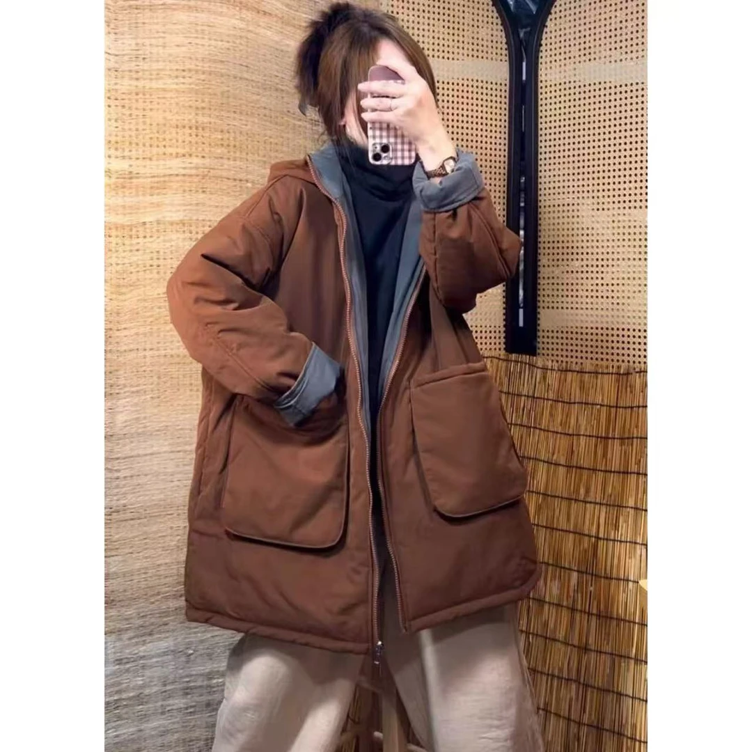 105连帽两面穿棉衣棉服中长款女款90-160斤