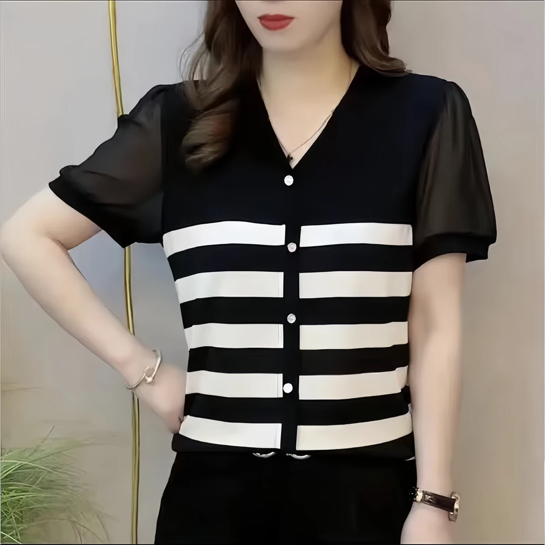 2025夏季新款时尚条纹印花翻短袖小衫中年妈妈装遮肚显瘦减龄上衣