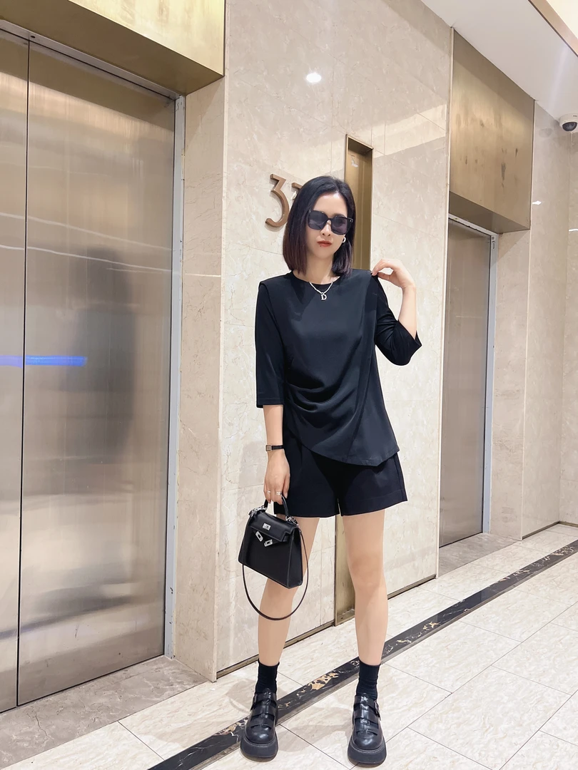 【希辰】黑色设计感拼接不规则百搭显瘦T恤短袖中袖长袖