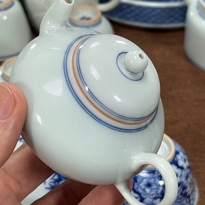 柴烧青花弦纹青白灰釉梨形壶