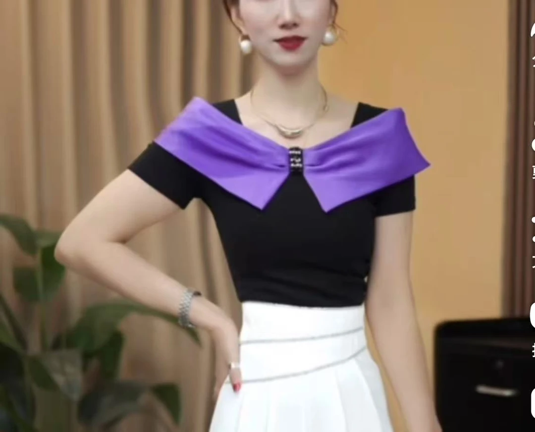 蜜妍蝉-修身短袖常规款方领吸汗短款T恤名媛夏装设计感时尚-2513