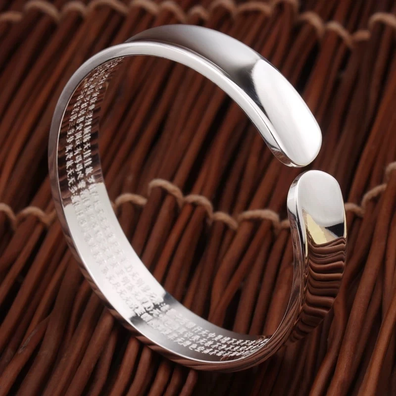 足银手镯 足银999.9  光面心经凹槽凹面开口银镯子民族风亮面手镯