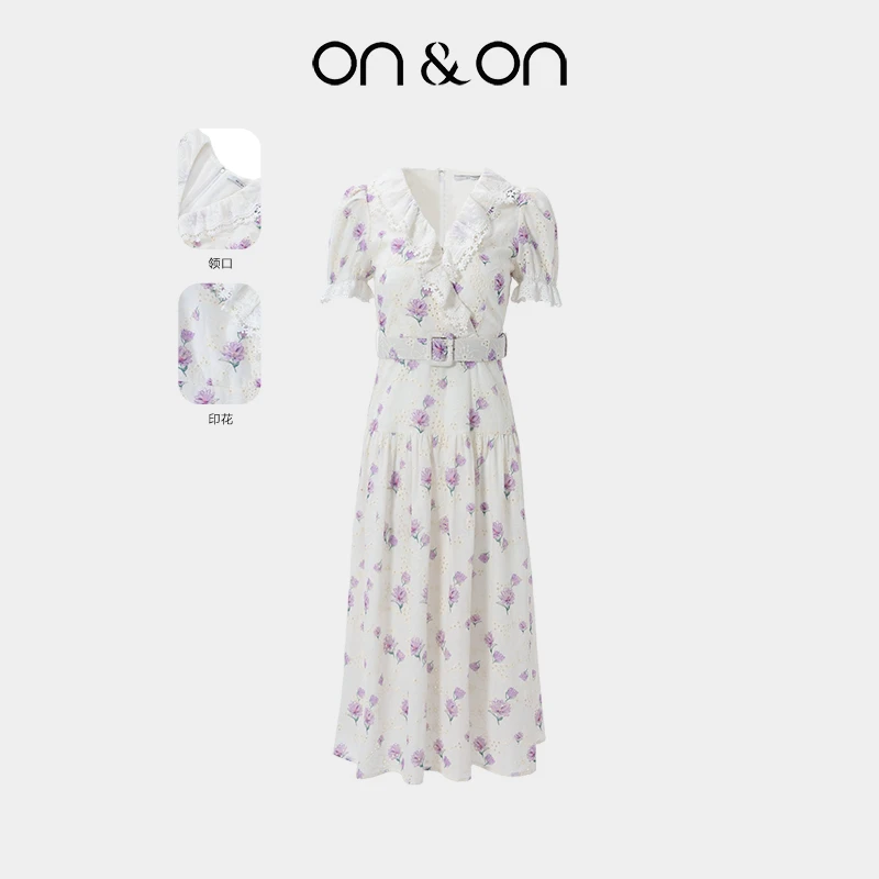 ON&ON/安乃安25夏季荷叶边V领系带收腰印花刺绣连衣裙N5SW1631571