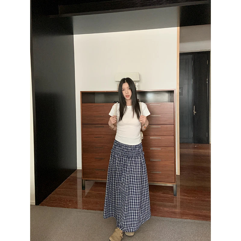 王少女的店 蓝色格纹a字半身裙春夏设计感个性长裙子 B30829S51