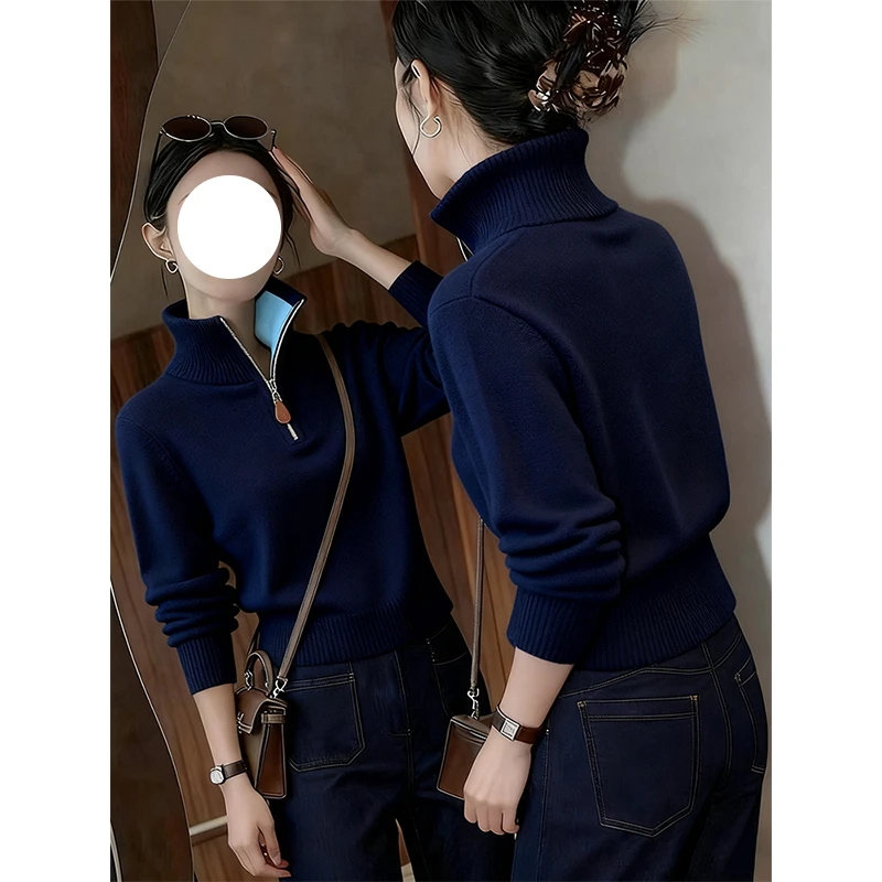 蓝色半高领拉链毛衣女2025秋冬高级感休闲外穿可内搭软糯针织上衣