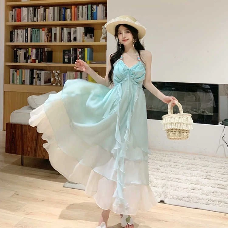 2025新款梦见夏日氛围海边度假薄荷曼波连衣裙多巴胺高级吊带长裙