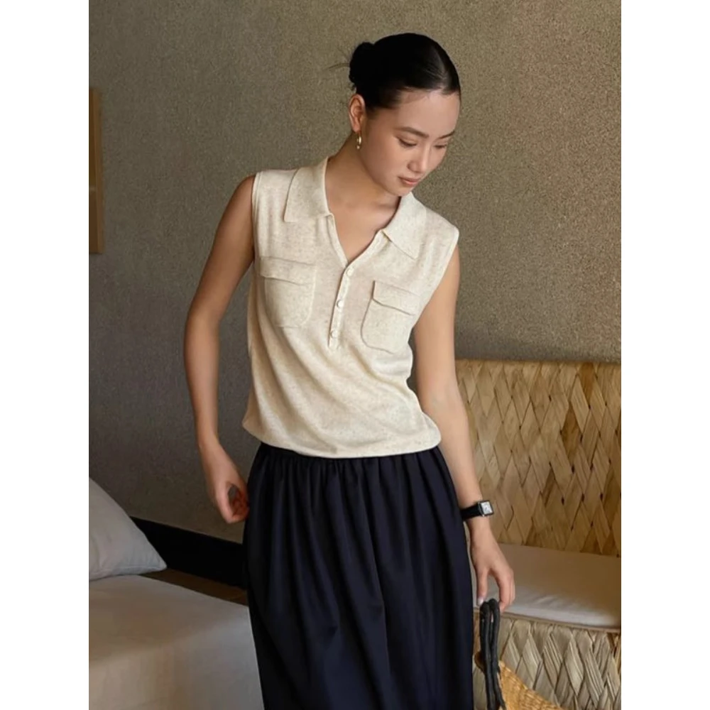 法式气质小众简约POLO领针织背心女夏季休闲无袖百搭显瘦轻薄上衣