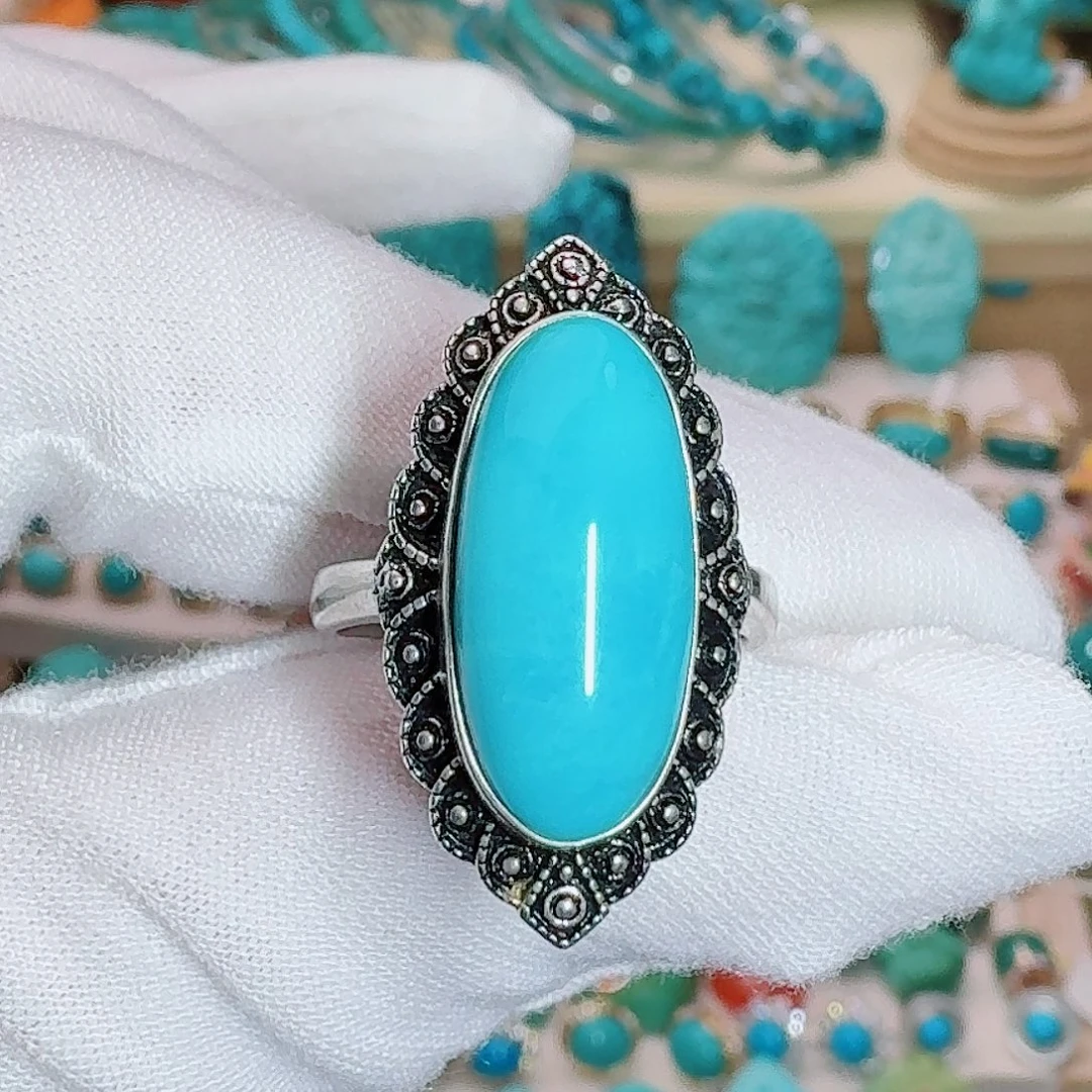 绿松石银S925镶嵌戒指复古女王戒