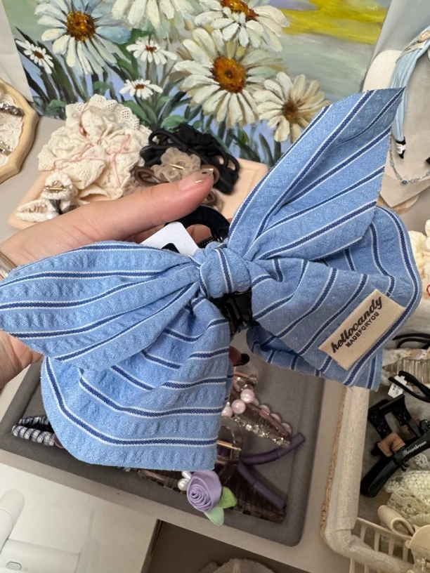 韩国头饰小众设计发饰春夏饰品抓夹蓝色大蝴蝶结鲨鱼夹