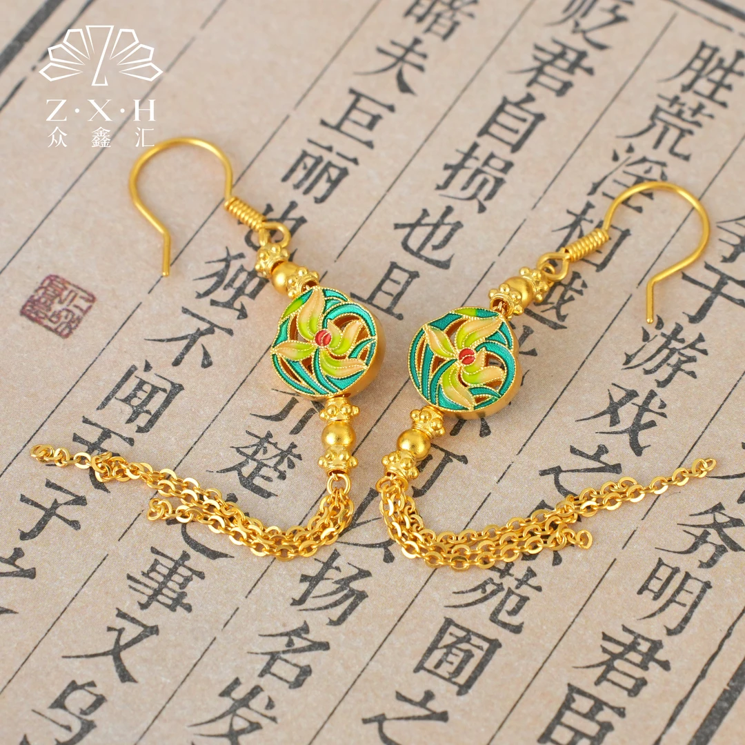 {众鑫汇}足金999 新中式珐琅锦上添花流苏耳饰6.93克