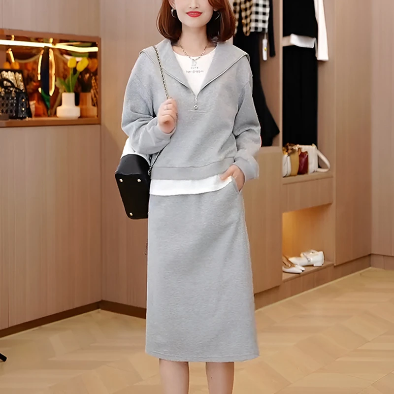 简约休闲时尚套装女士春季新款海军领半拉链卫衣半身裙显瘦两件套