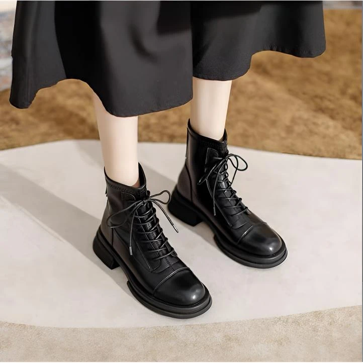 昔子1012新款秋冬马丁靴系带瘦瘦靴百搭粗跟圆头加绒保暖时尚