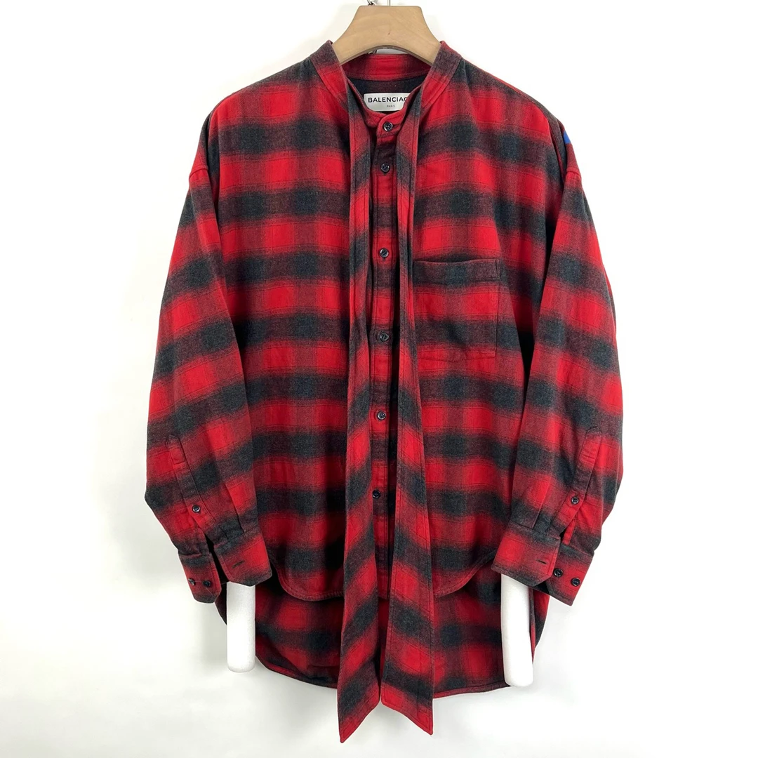 99新 Balenciaga/巴黎世家 36码/黑红格纹背后logo飘带衬衫/05493