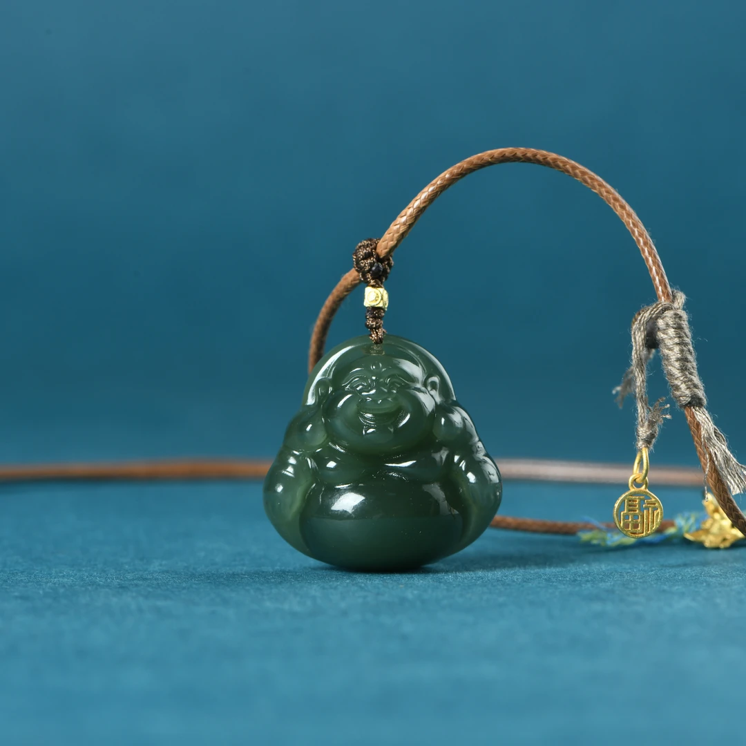 和田玉湖水绿佛公弥勒吊坠皮绳手编脖挂